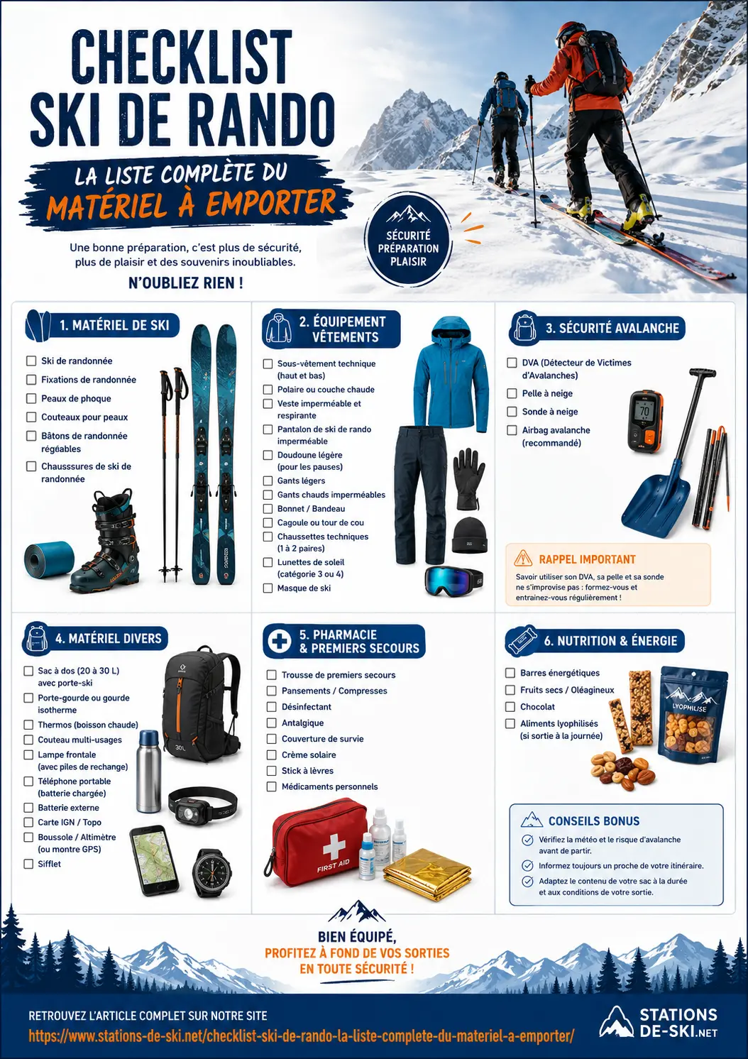 Checklist ski de rando - la liste complète du matériel à emporter